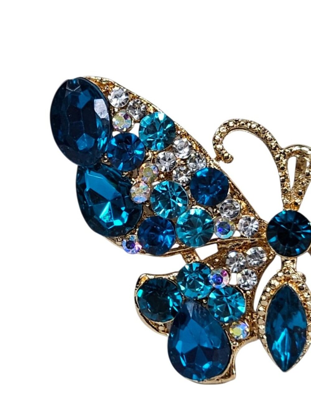 Blue Rhinestone Butterfly Brooch Pin Gold Tone Costume Jewelry VTG - Picture 3 of 5